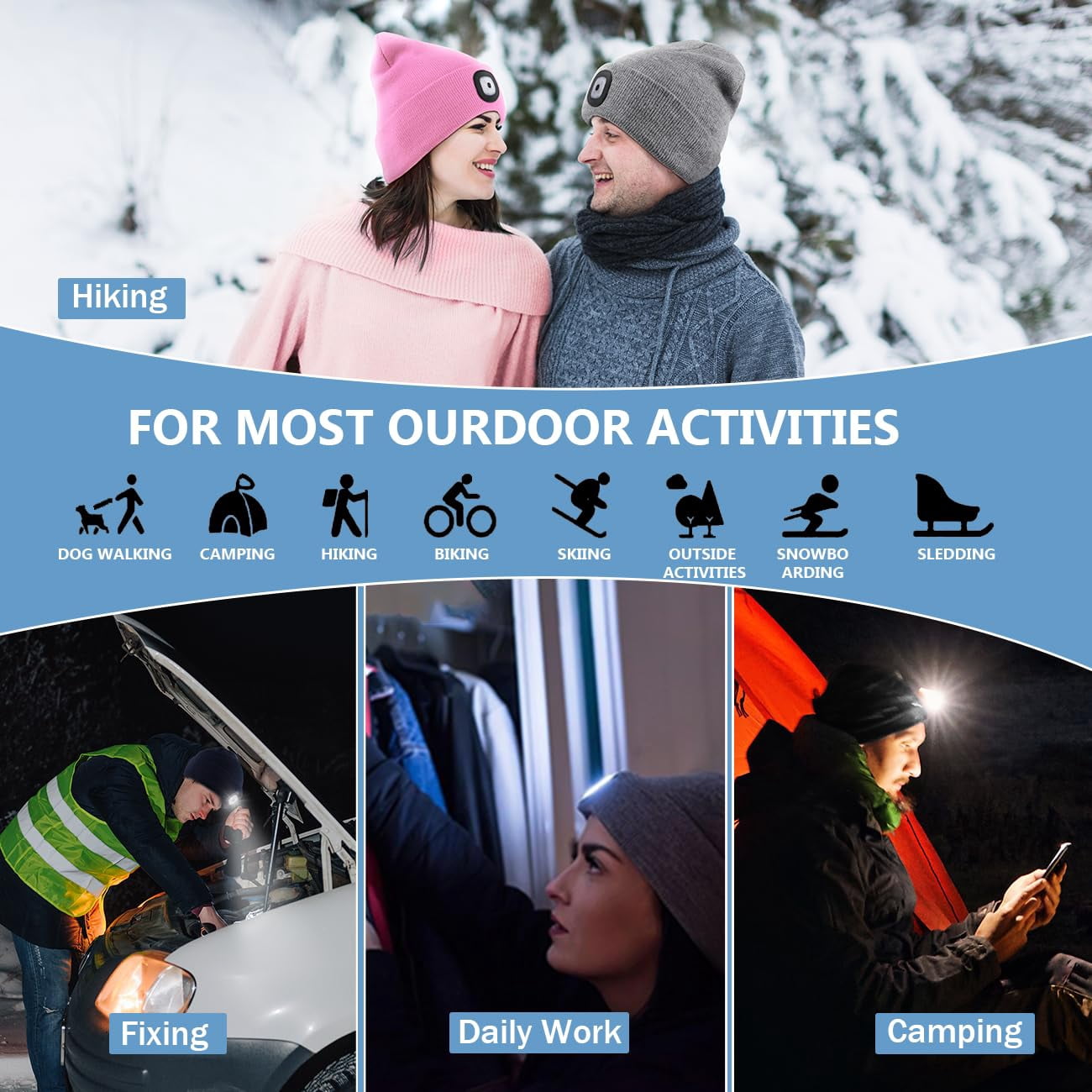 Unisex Hat with Light, 2 Pack USB Rechargeable Hands Free Headlamp LED Beanie,Gifts for Dad Father Men Husband Winter Warm Knitted Cap (Black & Navy Blue)