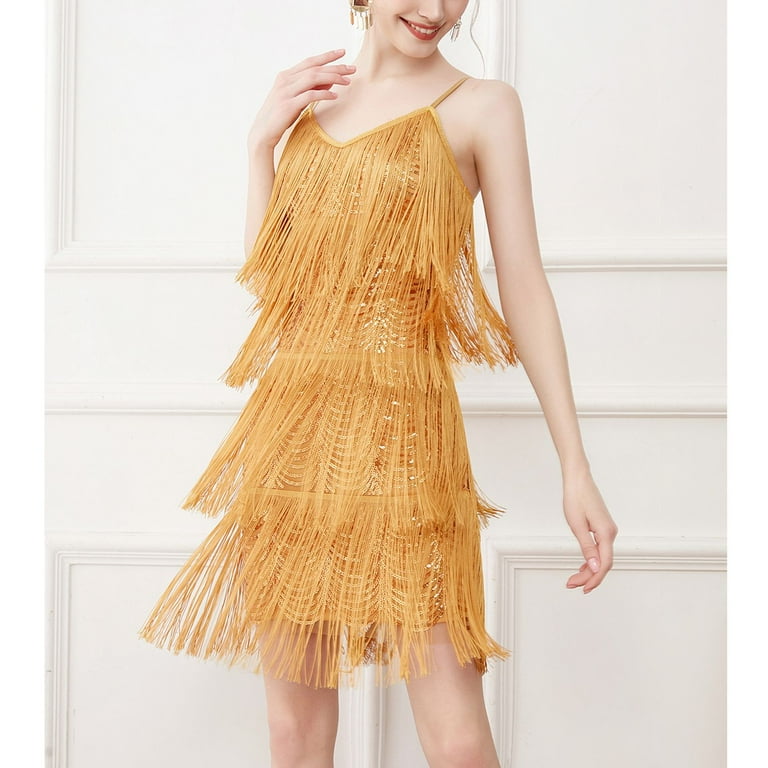 SWSMCLT Women's Evening Gown Sequin Dress Cocktail Dresses Summer Fringe  Party Sexy Flowy Sleeveless Fitted Golden Small - Walmart.com