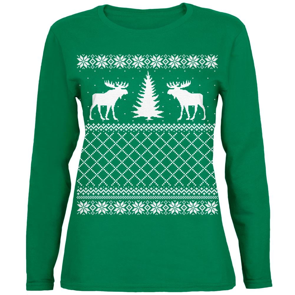 Moose Ugly Christmas Sweater Green Womens Long Sleeve T Shirt Walmart