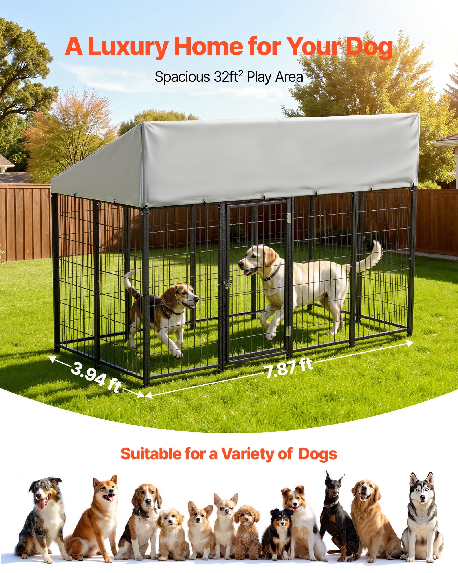 VEVOR Outdoor Dog Kennel, 7.87 x 3.94 x 5.4 ft Large Dog Kennel with Secure Lock, Outside Dogs Enclosures with UV-Resistant & Waterproof Roof Cover, Heavy Duty Pet Crate Cage Run for Large Dogs