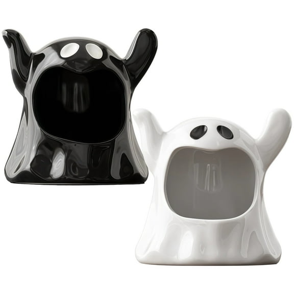 2 Pcs of Halloween Ceramic Candy Bowl Ghost Ashtray Set, White and Black Cartoon Ghost Decor for Home, Handcrafted Ceramic Ashtray for Office or Party Tabletop