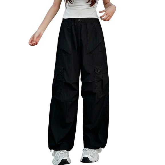 hlysgo Girls Parachute Pants Wide Leg Cargo Pant Y2K Streetwear Trousers with Multi Pockets Black Black,10-11Years