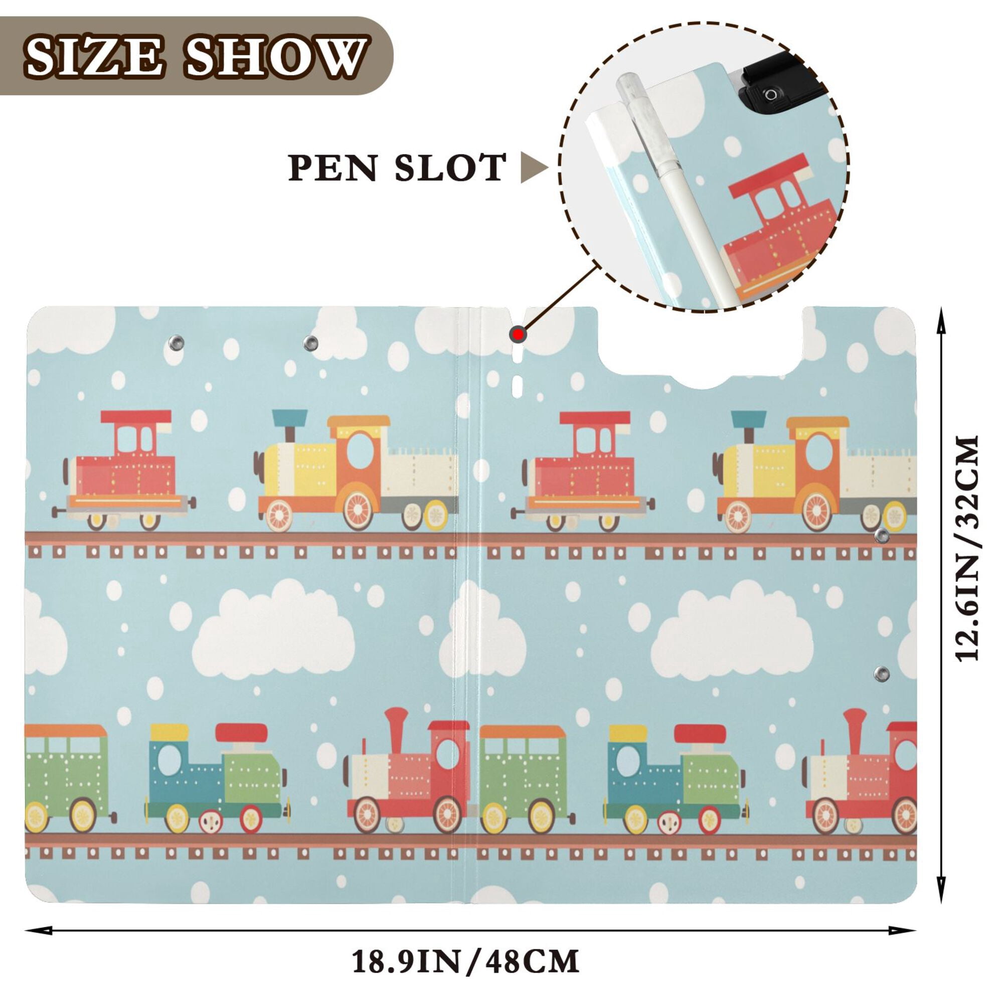 FORMRS A4 Clipboard Folder with Pen Holder Horizontal Foldable School Office Binder, Red Trains Pattern