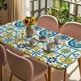 thumbnail image 3 of Modern Mediterranean Table Cloths for 3 Foot Rectangle Tables, Retro Moroccan Tiles Texture Vlue Yellow Patio Waterproof Elastic Fitted Tablecloths, Washable Rectangular Table Cover for Camping, 3 of 8