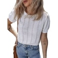 thumbnail image 2 of Women'S Pointelle Knit Short Puff Sleeve Crewneck Sweater - Casual and Stylish White S, 2 of 9