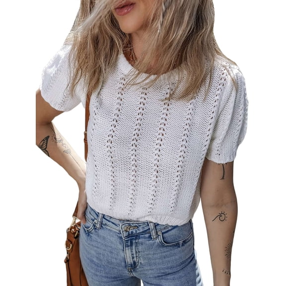 Women'S Pointelle Knit Short Puff Sleeve Crewneck Sweater - Casual and Stylish White S