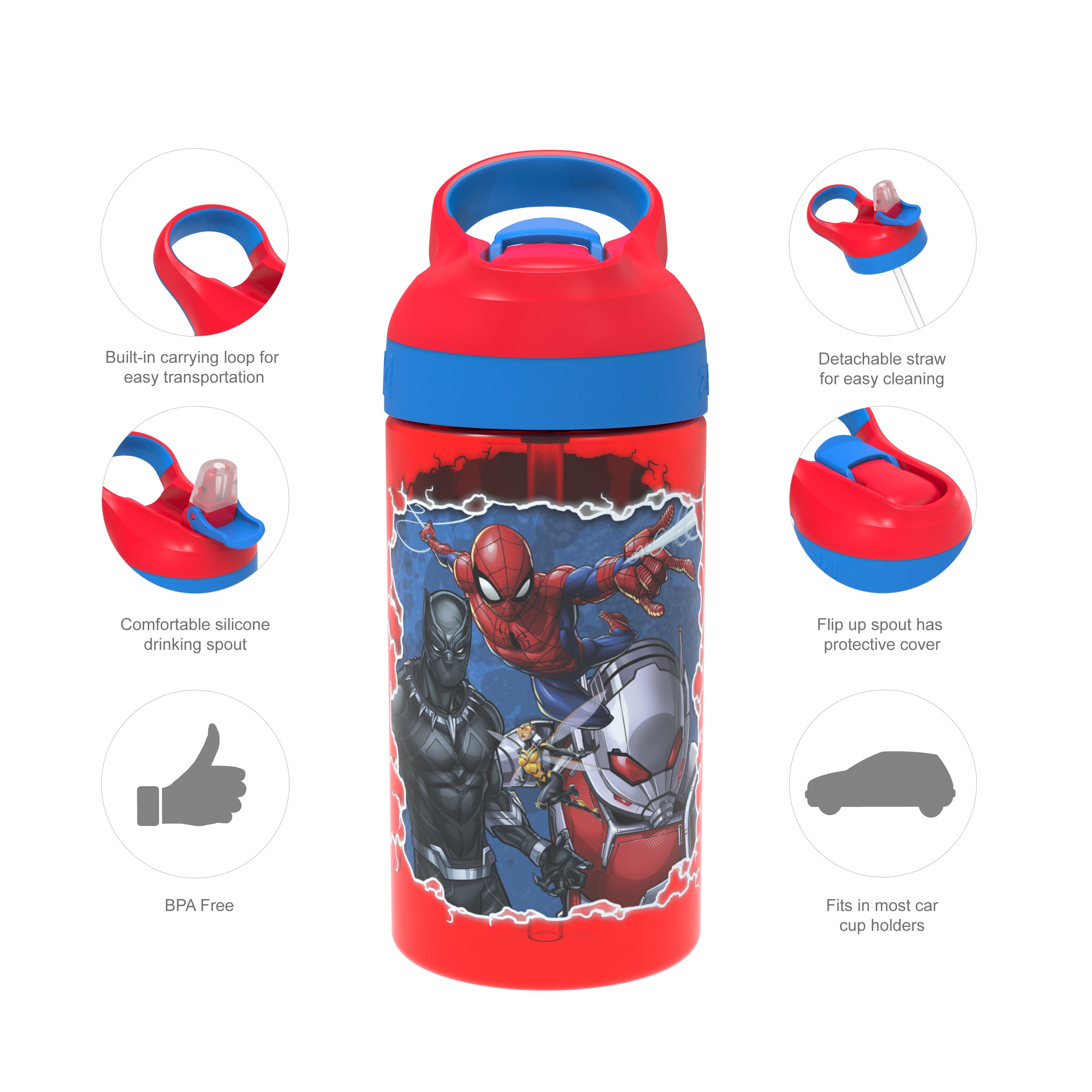 Zak Designs 5 pcs Marvel Kids Dinnerware Set Melamine Plate Bowl Water Bottle Flatware Perfect for Kids, SpiderMan, Black Panther and Friends