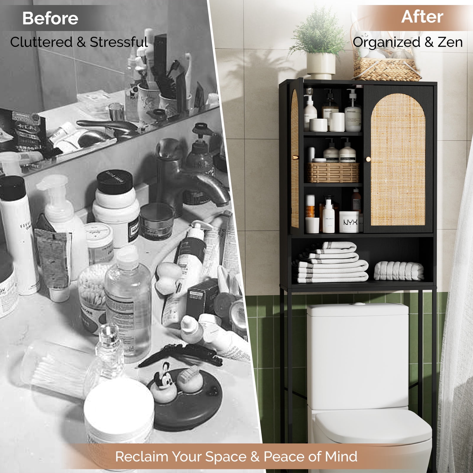 Ktaxon Over the Toilet Bathroom Cabinet Storage Space Saver with Double Doors and Open Shelving, Black