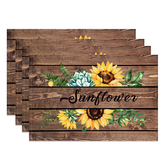SUNOLIFE Sunflower Placemats Brown Wood Table Mats Set of 4,Rustic Floral Linen Fabric Mats for Dining Table Decorations 12x18 inch