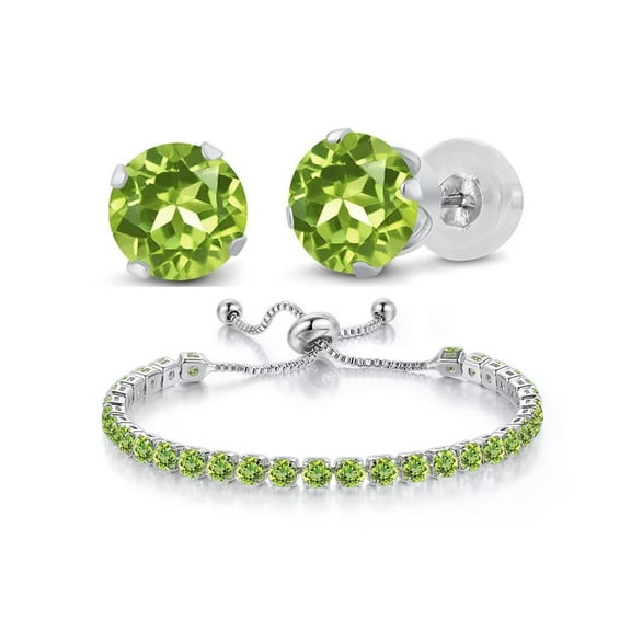 Paris Jewelry 10k White Gold 7 Ct Created Peridot Round Adjustable Tennis Bracelet and Earrings Set Plated