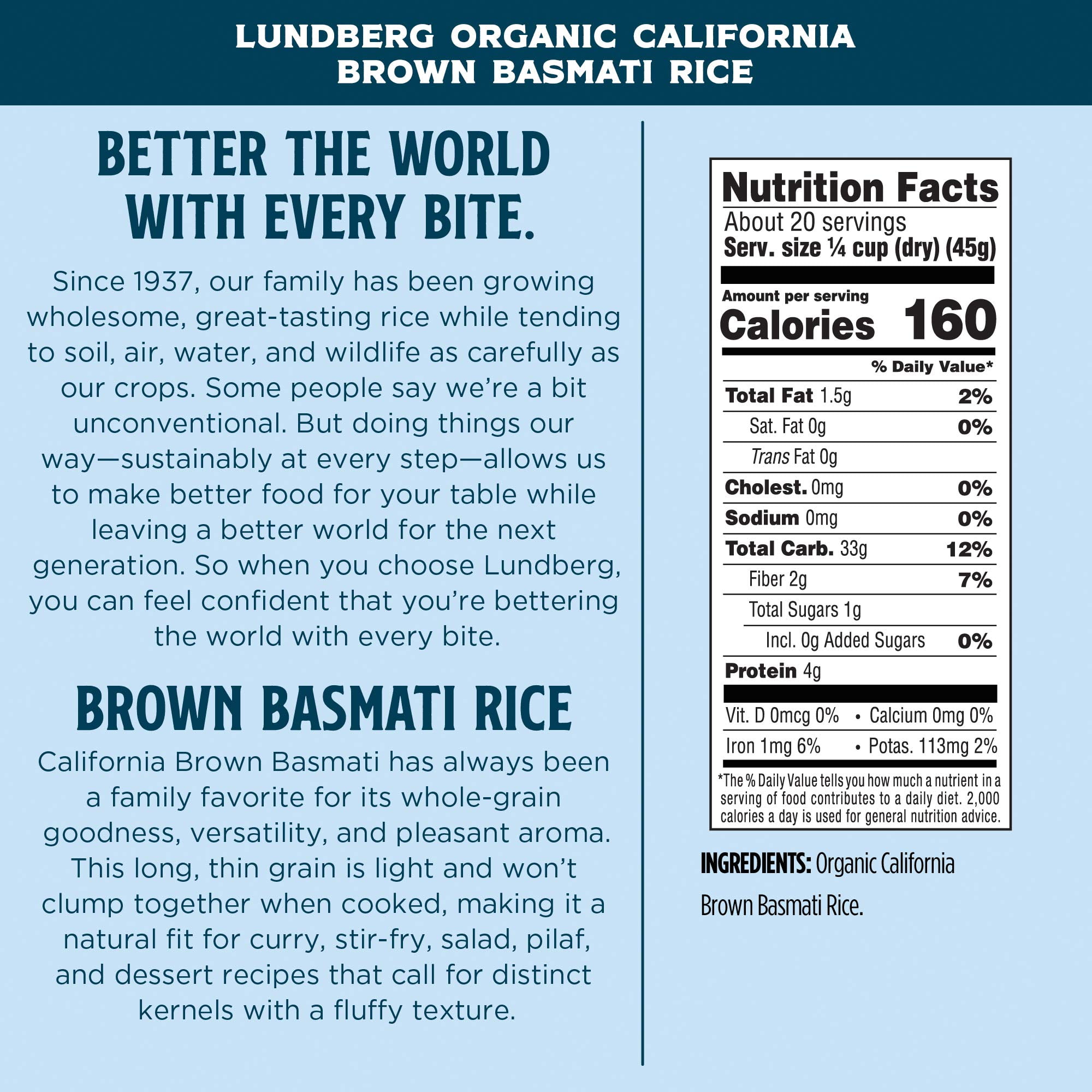 Lundberg Family Farms - Organic California Brown Basmati Rice, Pleasant Aroma, Won't Clump When Cooked, High Fiber, 100% Whole Grain, USDA Certified Organic, Gluten-Free, Non-GMO, 32 Ounce (Pack of 6)