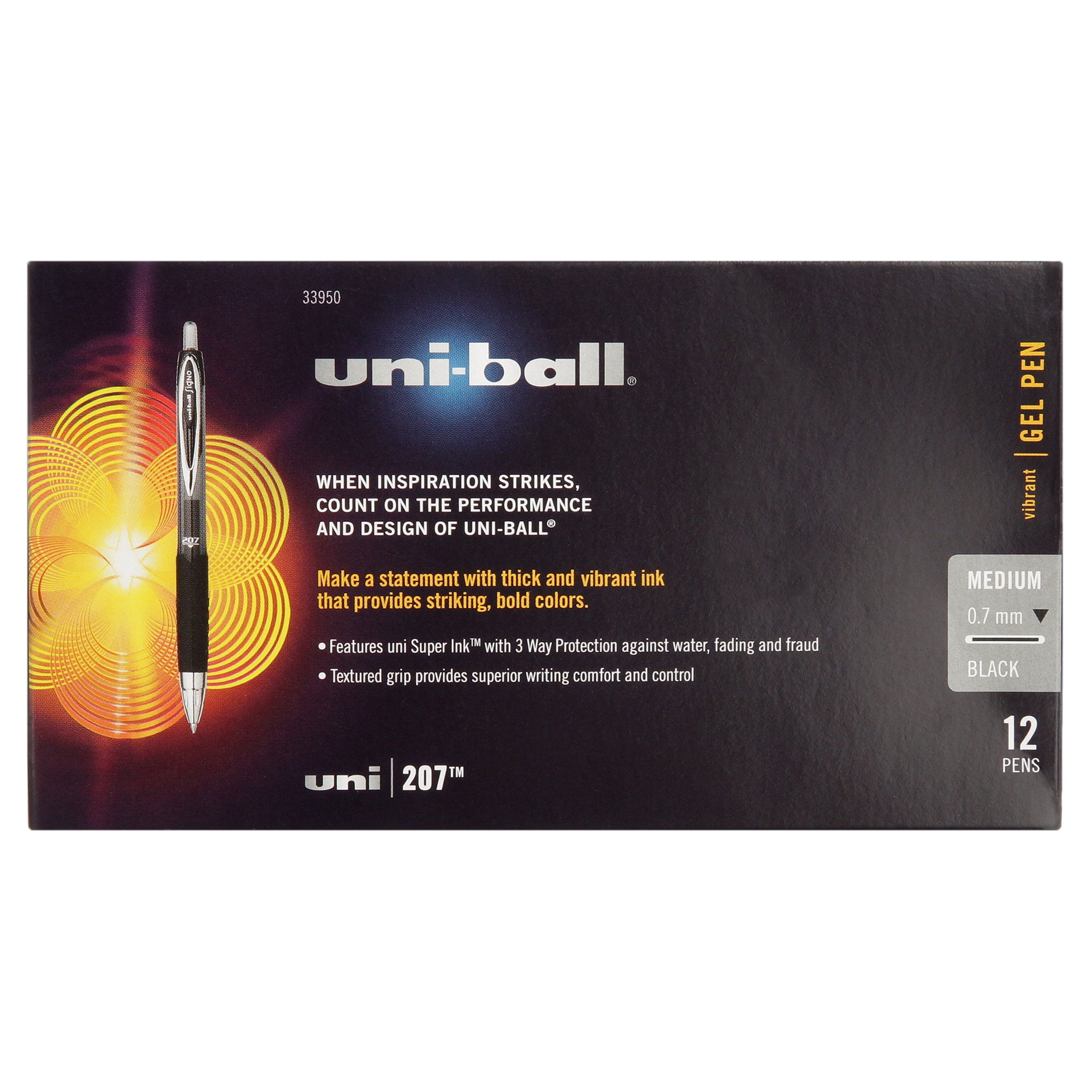 uni-ball 207 Retractable Gel Pens, Medium Point, Black, Box of 12