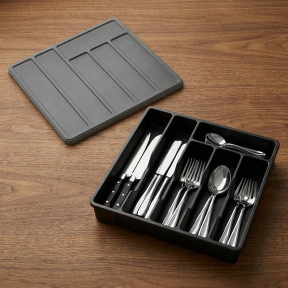 Luncia Silverware Organizer with Lid – Covered Utensil Tray for Kitchen Drawer & Countertop, 12.6 x 11.8", Plastic Cutlery Holder, Black