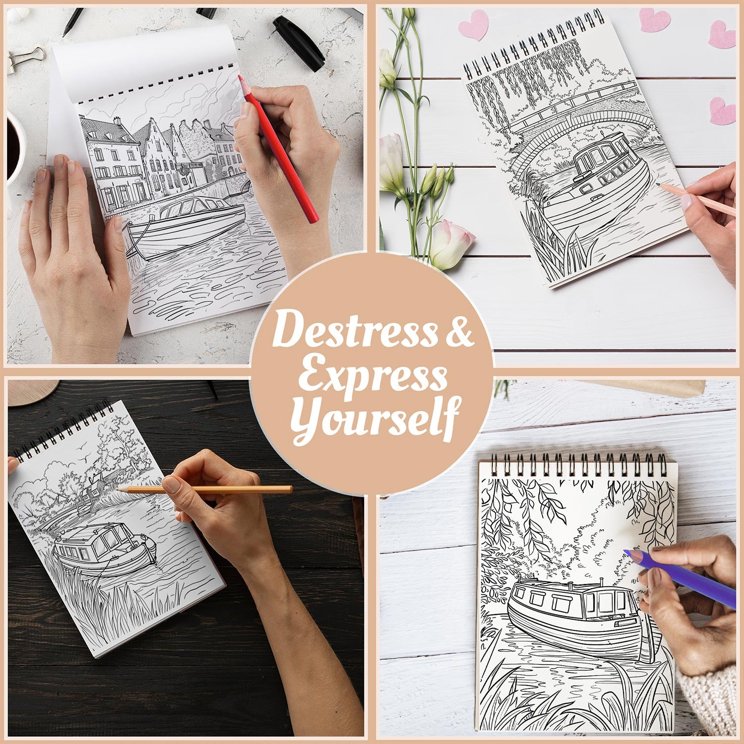 Netecom Canal Boat Coloring Book Spiral Bound for Adults, A5 Wooden Cover, 30 Beautiful Coloring Pages of Canal Boats on River for Stress Relief and Relaxation