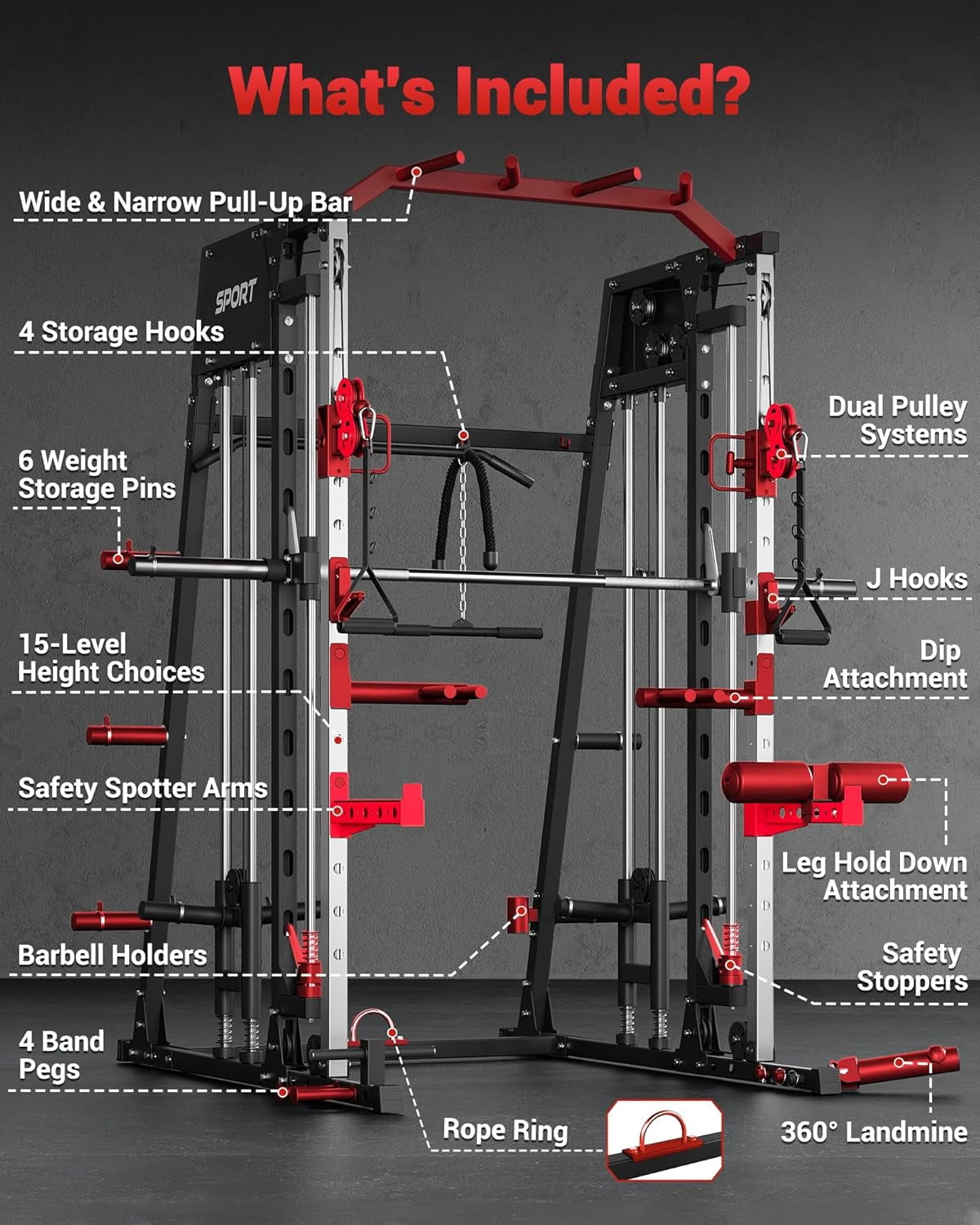 JoanKaren Pro Smith Machine with Bench,2200lbs Squat Rack with Weight Bar,LAT Pull-Down,Cable Systems,Leg Hold-Down and More Attachments,Red & Black