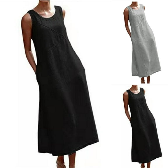 Aboser Women's Linen Dresses with Pockets for Beach Vacation Trendy Casual Sleeveless Tank Dress Light Weight Crewneck Long Dress Summer Loose Fitted Dresses Black M