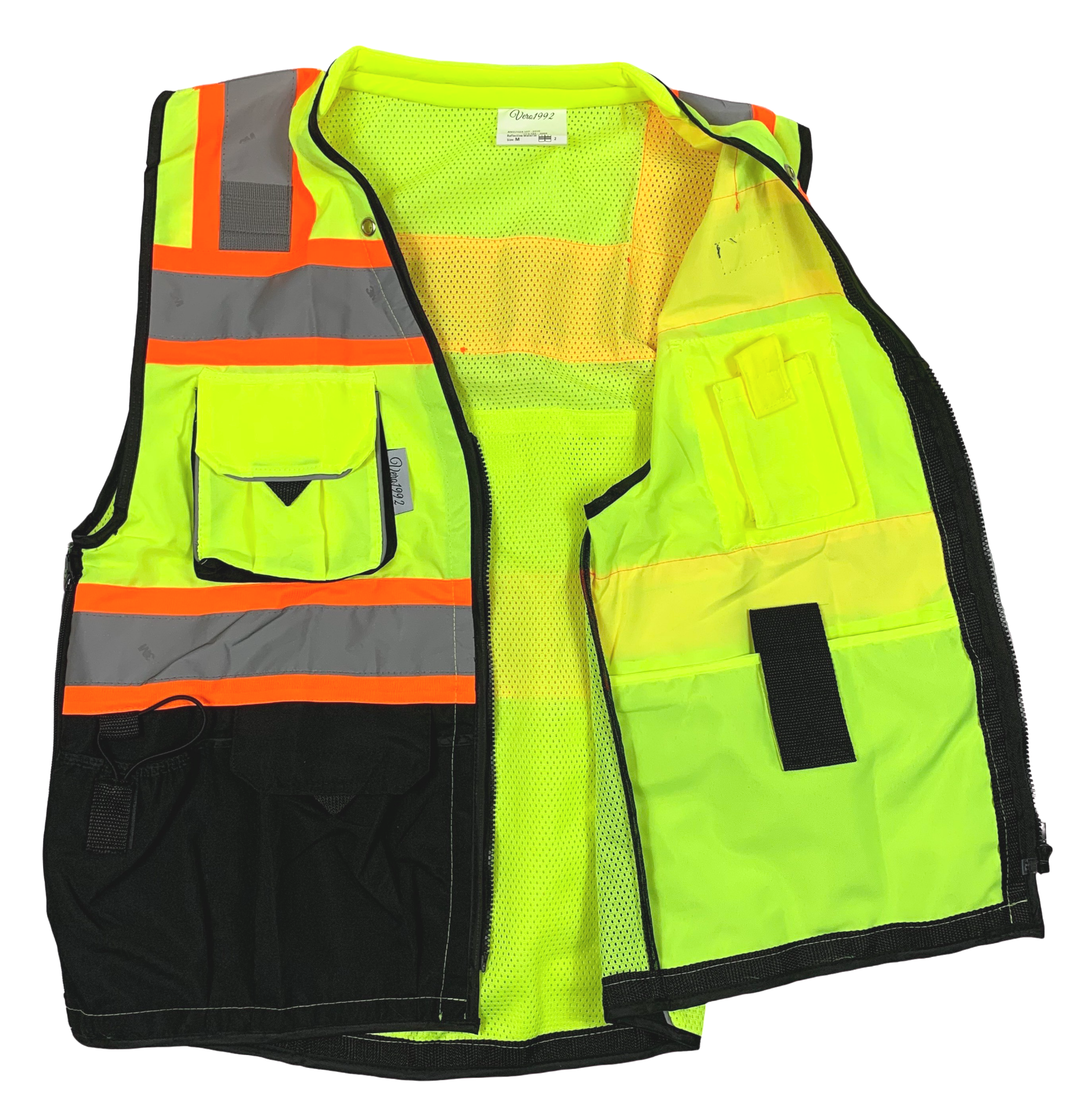 Medium, Black//Yellow Vero1992 E Engineer Safety Vest High Visibility Reflective Black Series Mesh with Zipper and pockets