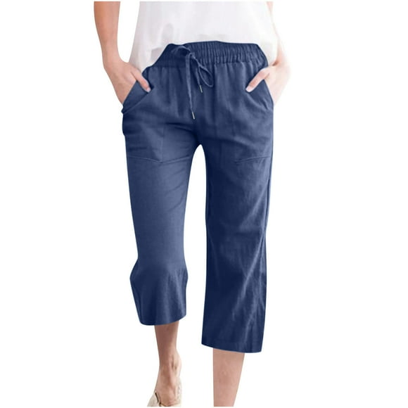 fartey Womens Cotton Linen Capri Pants Solid Color Lounge Breathable Beach Trousers Baggy Elastic Waist Pockets Drawstring Pants