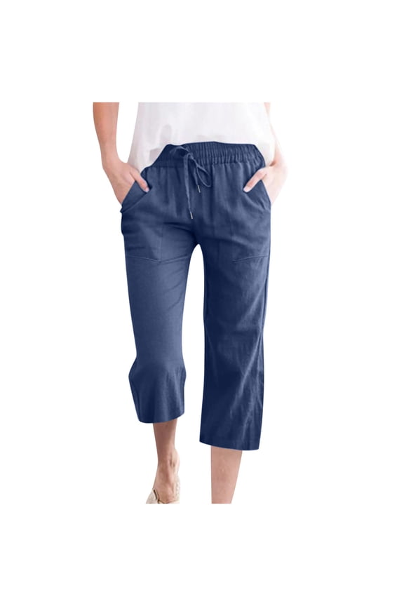 Womens Capris Pants Casual Solid Color Elastic Loose Wide Leg Trousers Pants with Pockets for Everyday Comfort and Style Blue XXXL