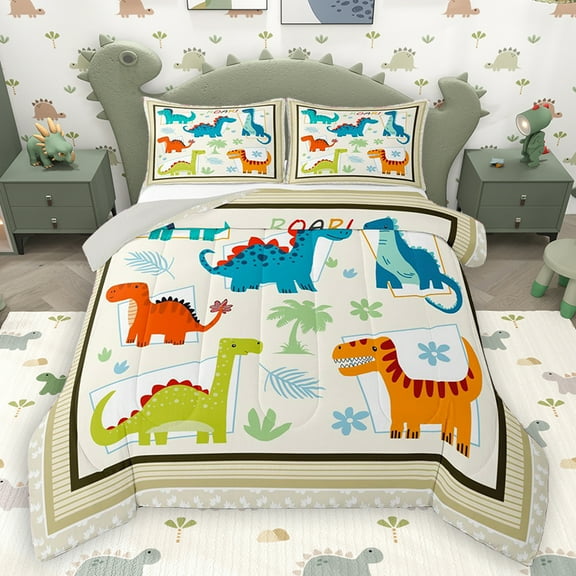 Homewish Cute Dinosaur Bedding Comforter Set for Kids, Funny Jungle Animal Twin Comforter Sets, Tree Flower Botanical Reversible Bedding Set, Luxury Bedroom Decor, 2pcs