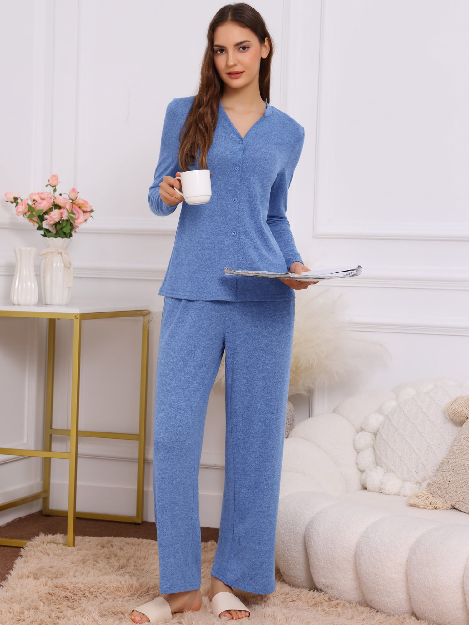 DARING DIVA Women's Sleepwear Pajamas Knit Button Down Tops and Pants with Pockets S Blue