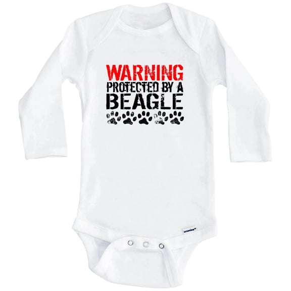 Warning Protected By A Beagle Funny One Piece Baby Bodysuit Funny Dog Baby Bodysuit (Long Sleeve), 0-3 Months White