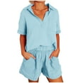 thumbnail image 3 of Feancey Summer 2 Piece Sets for Women Short Sleeve Lapel V Neck Tops and Shorts Lounge Two Piece Set Solid Color Loose Beach Vacation Outfits Funny Gift Light Blue S, 3 of 7