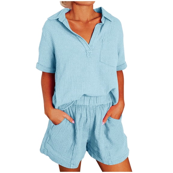 Womens Casual 2 Piece Outfits Cotton Linen Sets V Neck Oversized Shirt Shorts Pajama Lounge Beach Set Solid Casual Short Sleeve Top Set