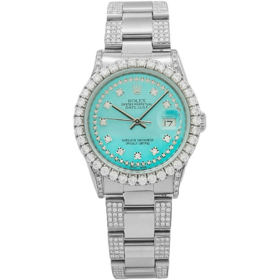 Pre-Owned Rolex Datejust 36MM 16220 Turquoise Diamond Dial Diamond Bezel Stainless Steel Semi Diamond Oyster Bracelet