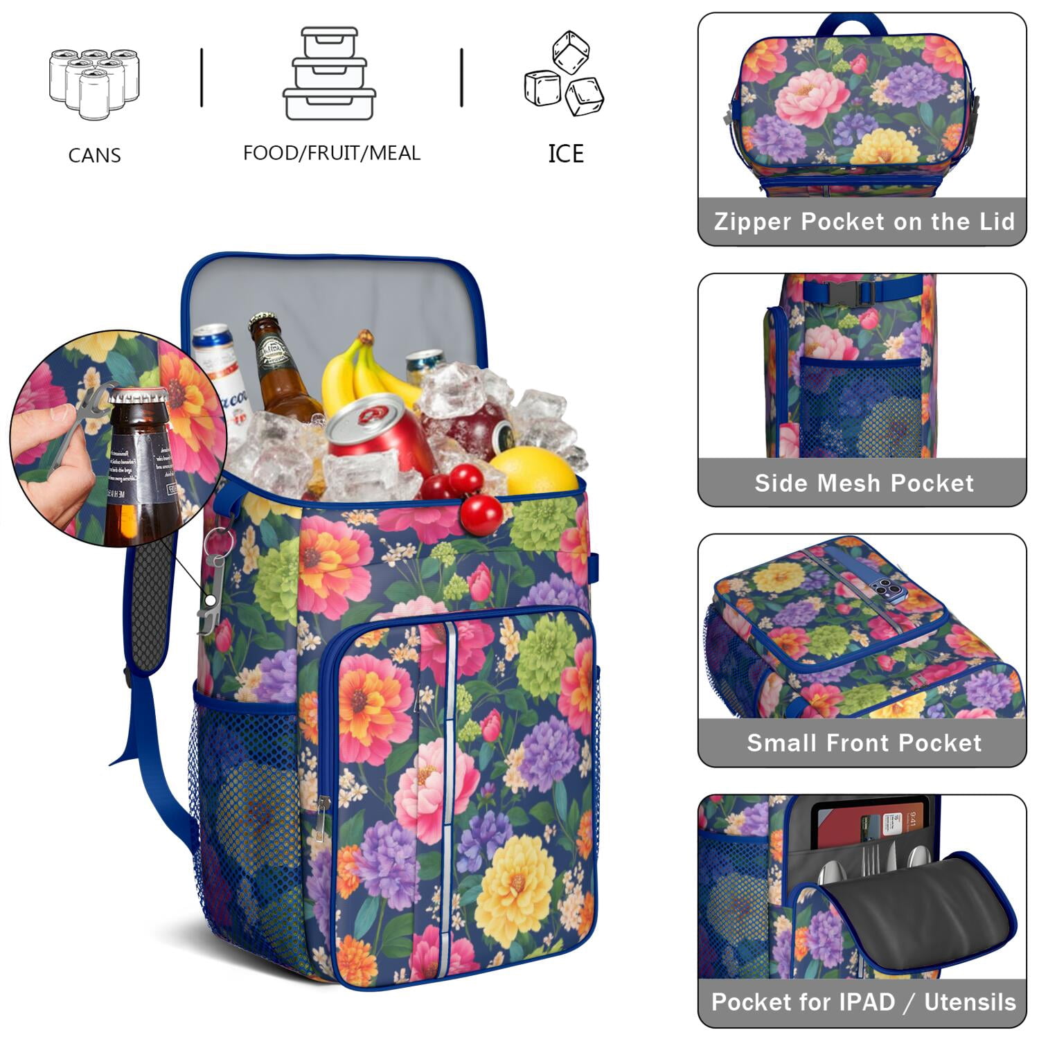Travel Cooler Bag - Colorful Floral Pattern Camping Beer Cooler Backpack with Bottle Opener- Waterproof Insulated Picnic Backpacks - Cooler Bag for Beach