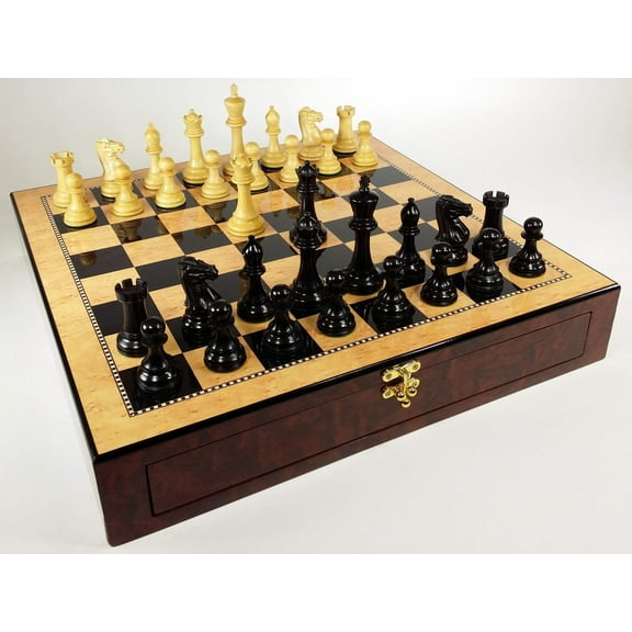 Black 4 5/8" Anderssen Staunton Wood Chess Set Large 20" Walnut Color Storage