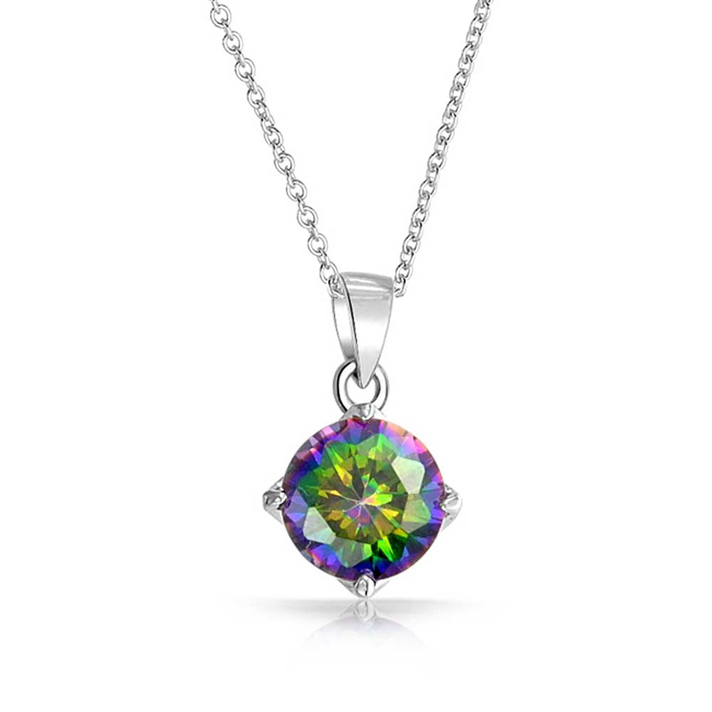 Sterling Silver Solitaire Simple Round Pendant Rainbow Simulated Topaz Charm