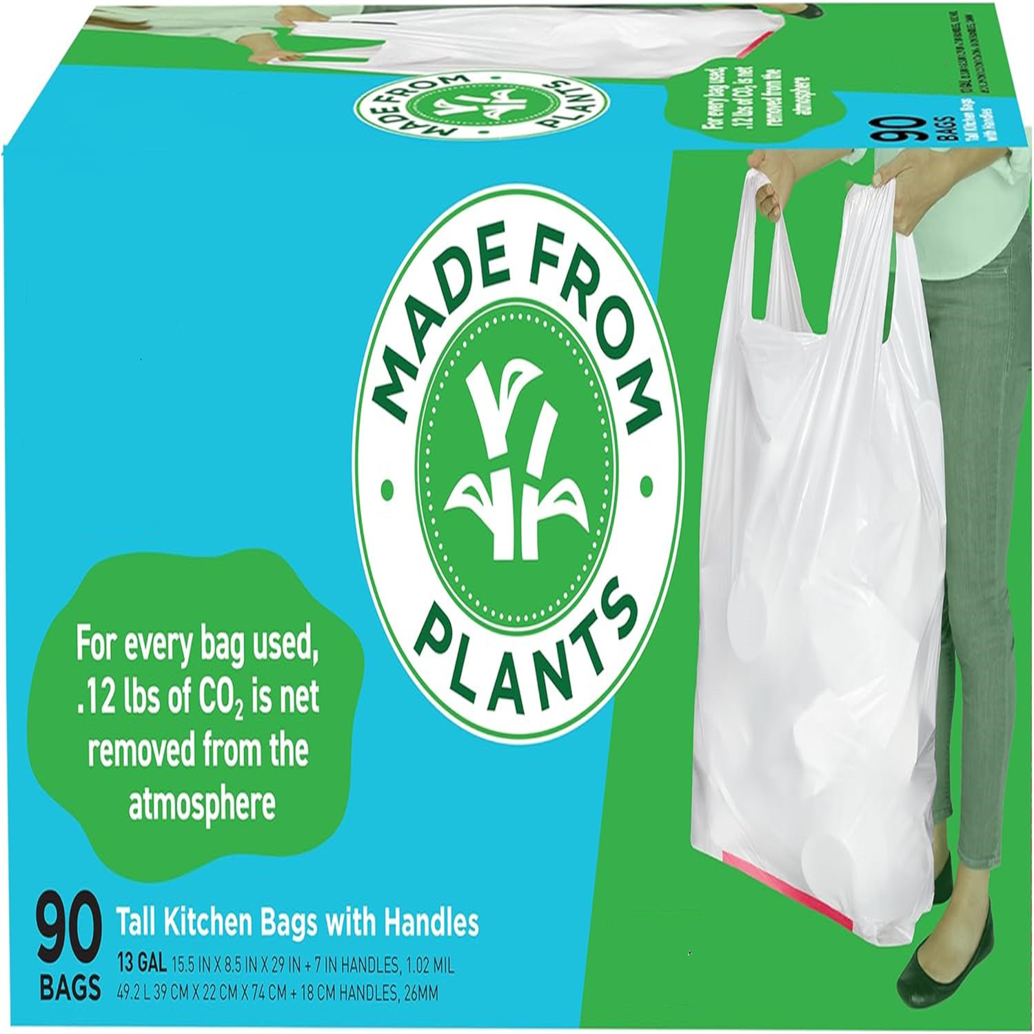 Plant Based Tall Kitchen Garbage Bags with Ergonomic Handles - 13 Gallon Trash Bags -   &   Friendly - Super Strong and Leak Proof Tall Kitchen Trash Bags (90 Count)