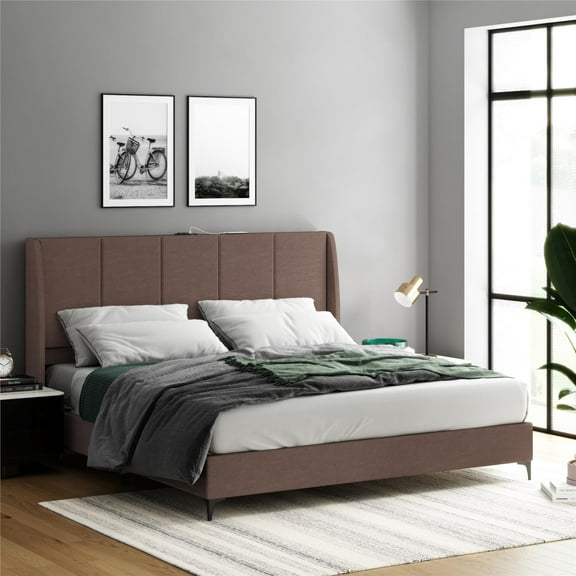 DHP Lamora Upholstered Wingback Bed Frame with USB, King, Taupe Linen