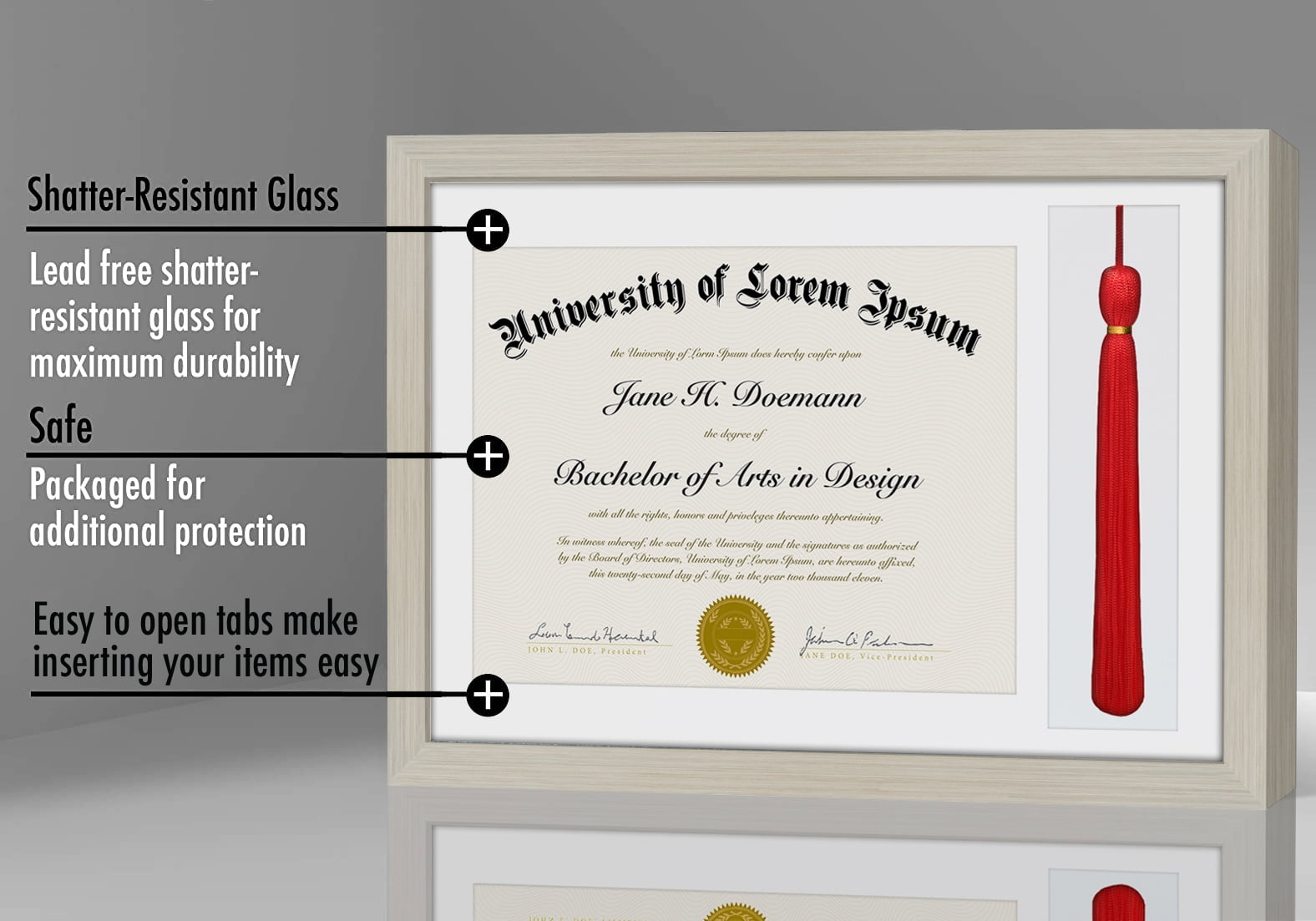 Americanflat 11x16 Light Wood Graduation Frame 2 Opening Mat Displays 8.5"x11" Diploma or Certificate and Tassel. Tempered Shatter-Resistant Glass. 2X Sawtooth Hangers.