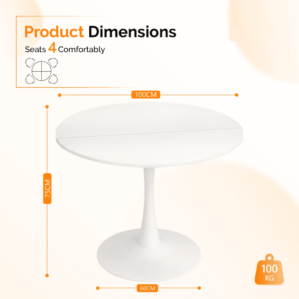 Round Tulip Dining Table, 39.4 Inch Dining Table for 4 People, Melamine Laminated MDF Tabletop with Metal Pedestal Base, Easy Assembly Kitchen Dinner Table for Dining Room, Home, Apartment, White