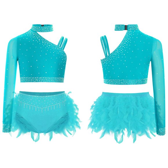 Moggemol Kids Girls Ballet Jazz Dance Outfits Rhinestones One Shoulder Crop Top Feather Briefs Set Blue Green 6