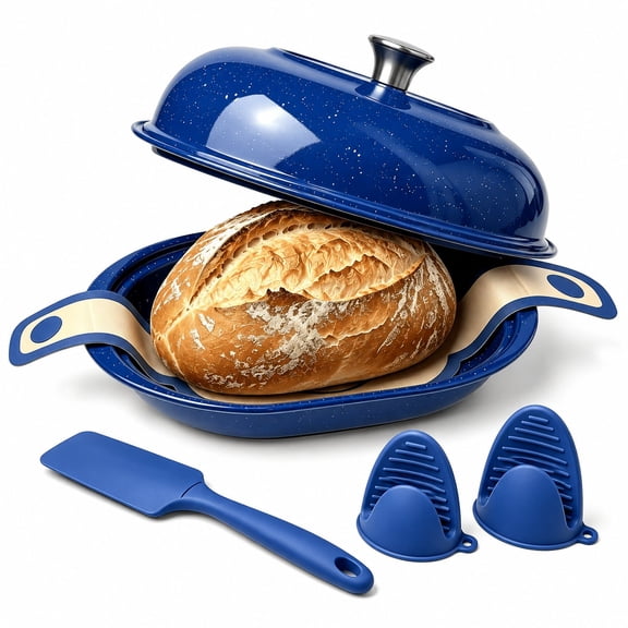 VAETTLO 16 inch Oval Enamel Bread Baker Set with Lid, Navy Blue Speckled Baking Dish with Silicone Mitts, Spatula and Bread Mat