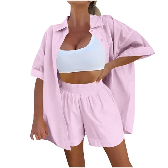 Vekome Summer Outfits for Women Vacation Plus Size 2 Piece Solid Color Lounge Sets Loose Oversized Travel Outfits Short Sleeve Button down Shirts Shorts Beach Clothes