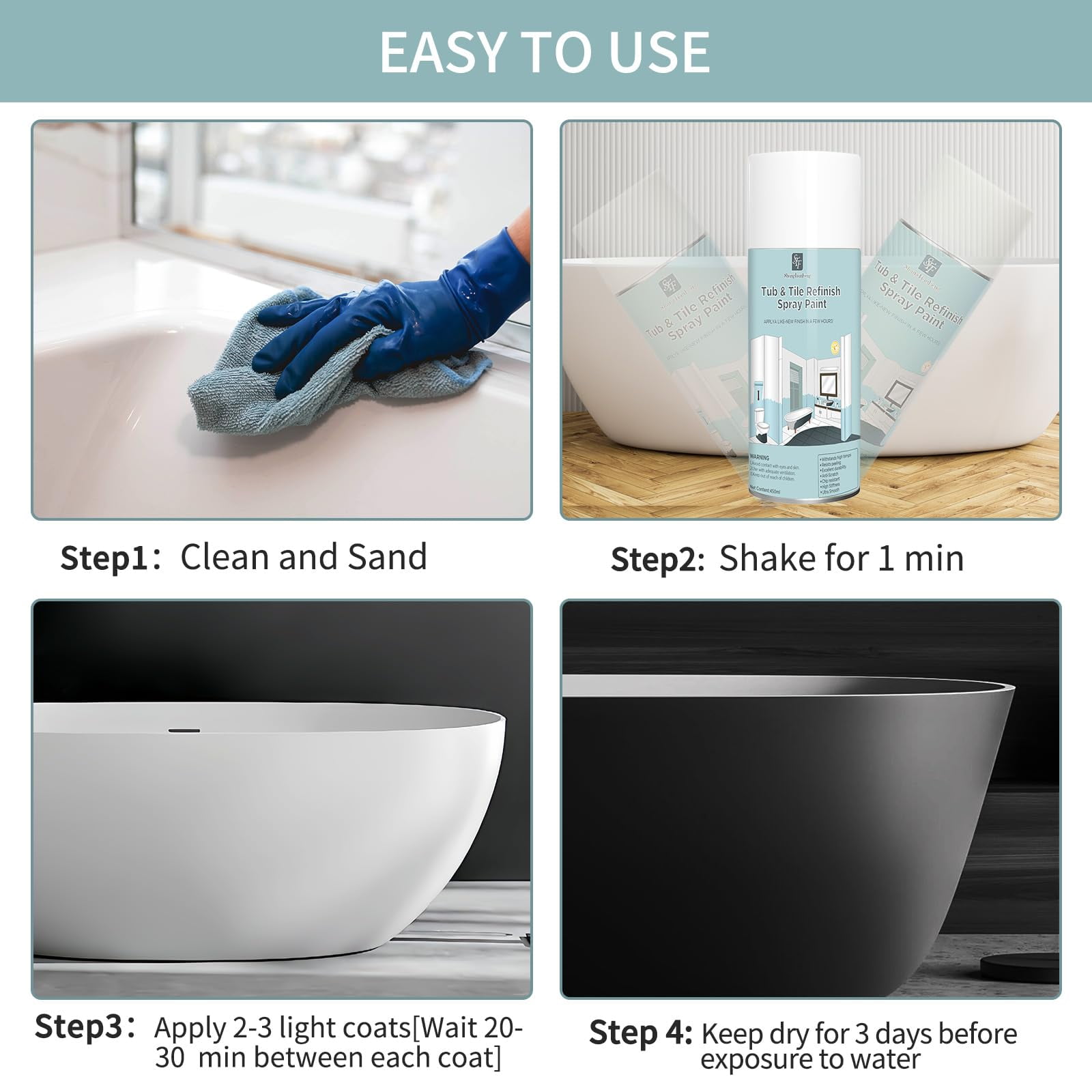 4 Pack Black Spray Tub and tile Paint,Bathroom Wallpaper,Bathtub and Tile Spray Ceramic Paint, Aerosol Bathtub and Tile Refinishing Kit, for Porcelain Fiberglass Ceramics, DIY Countertop Paint Kit,fo