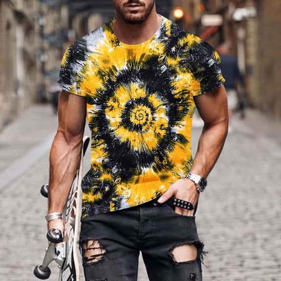 COSFO Men's T-Shirts Workout Casual Tie Dye Short Sleeve Graphic Tees Summer Crew Neck Loose Fit Pullover Tops