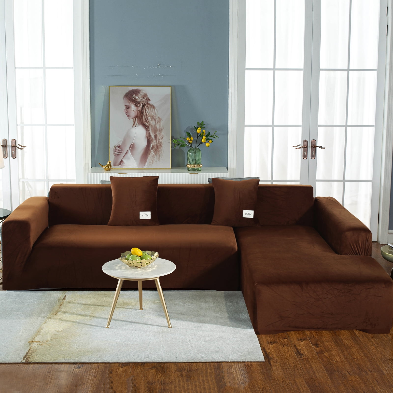 Eurhowing Velvet L-Shaped Sectional Sofa Cover with 4 Pillowcases, Stretch Soft Couch Slipcovers 3 Seater+4 Seater, Sofa Furniture Protector, Coffee