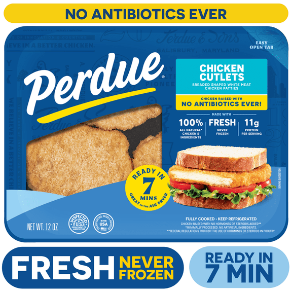 Perdue, No Antibiotics Ever, Refrigerated Breaded Chicken Breast Cutlet Patties, 12 oz. Tray