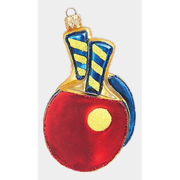 Ping Pong Paddle and Ball Polish Mouth Blown Glass Christmas Ornament