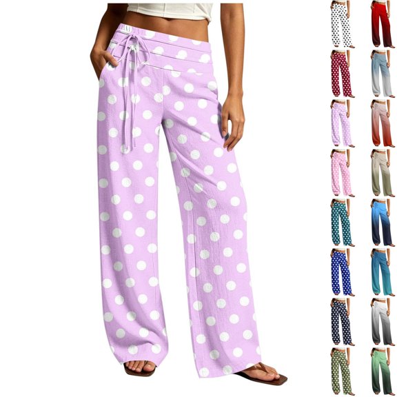 Danhjin Women's Polka Dot Pants Wide Leg High Elastic Waist with Drawstring Print Fashion Flowy Palazzo Loose Vacation Trousers