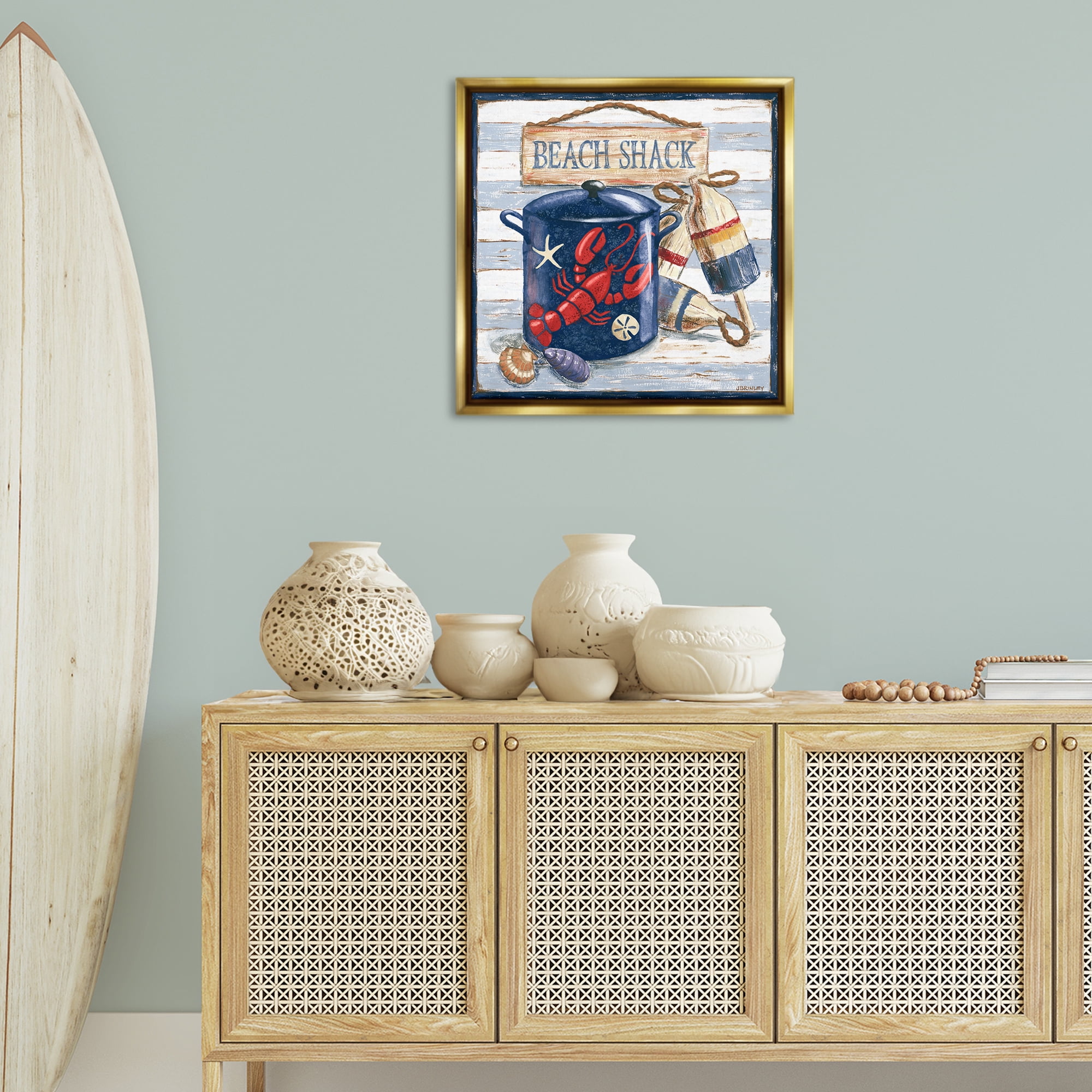 Stupell Industries Beach Shack on Stripes Nautical & Beach Painting Gold Floater Framed Canvas Art Print Wall Art, 25 x 25