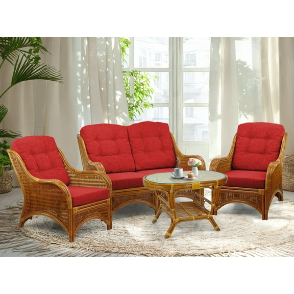 Wickerix Set of 2 Jam Lounge Natural Rattan Chairs Loveseat w Cushions and Coffee Table w/Glass, Colonial
