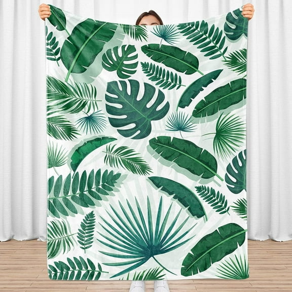 Leaf Blanket, Green Leaf Blanket Throw, Soft Lightweight Monstera Palm Tropical Leaf Flannel Blanket, Green White Forest Jungle Plant Cozy Fleece Plush for Adult Teens, Sofa Bed Office, 50"x60"