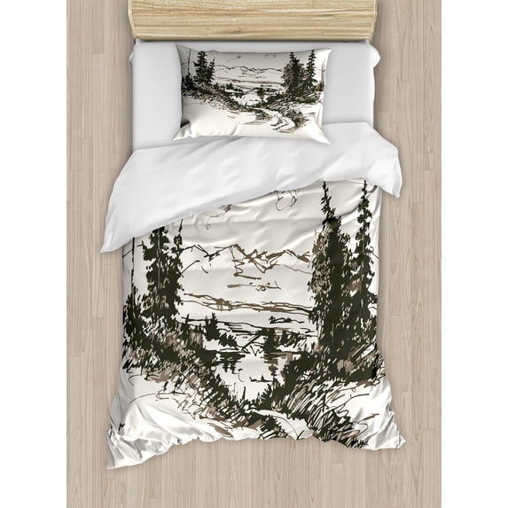 Landscape Duvet Cover Set Twin Size, Hand Drawn Landscape Sketch Trees and Mountains Wild Quiet Nature, Decorative 2 Piece Bedding Set with 1 Pillow Sham, Charcoal Grey Sepia Ivory, by Ambesonne