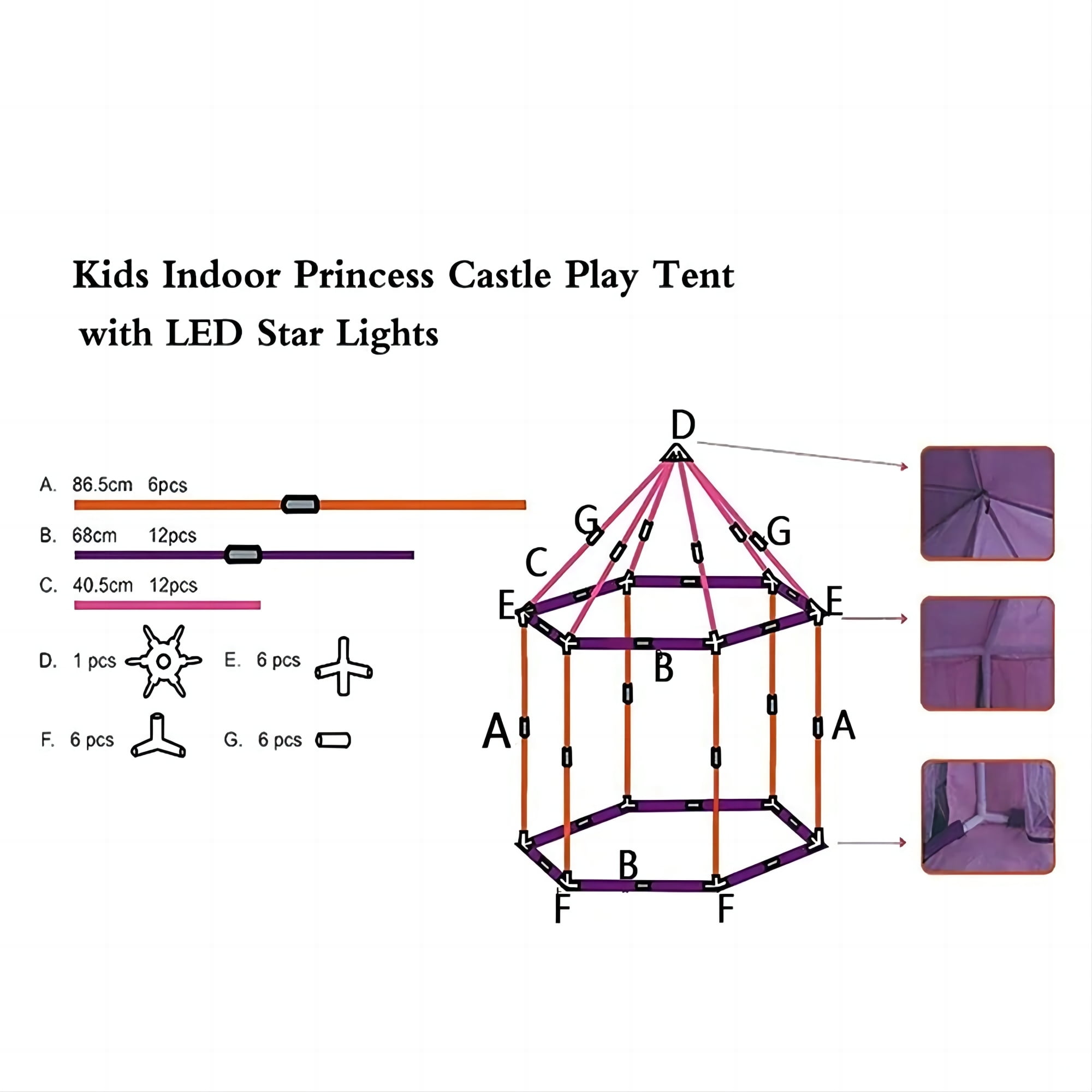 Princess Castle Play Tent with LED Star Lights,Large Size 55" x 53" Pink Hexagon Playhouses Kids Tent Indoor Outdoor Games for Toddlers 2-8 Years Old